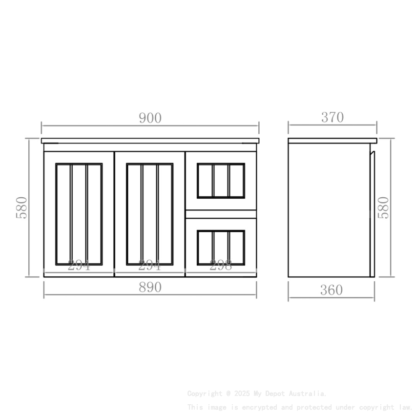 890*360*560mm Matte Black Archill Federation Wall Hung Ensuite PVC Cabinet Right Hand Drawer