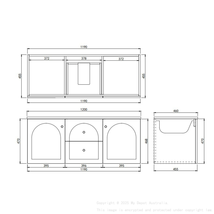 1190*455*470mm Matte Black Chester Federation Wall Hung PVC Cabinet