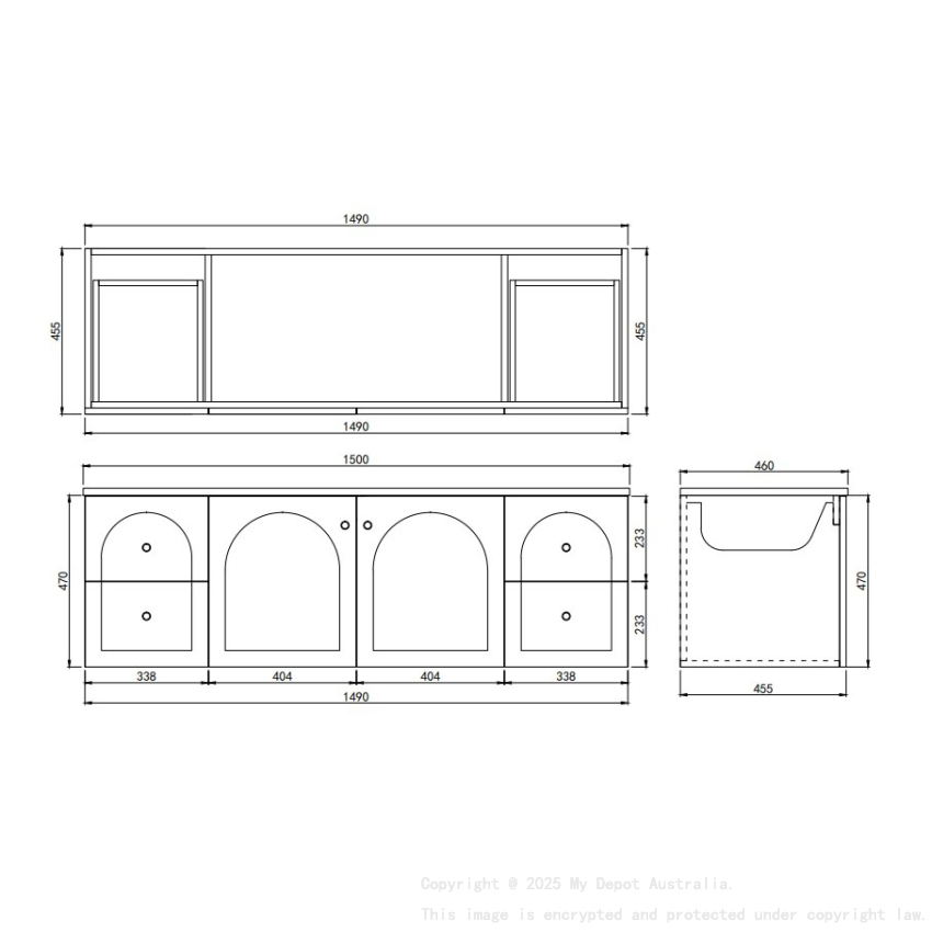 1490*455*470mm Matte Black Chester Federation Wall Hung PVC Cabinet