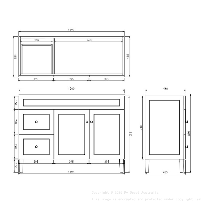 1190X455X860mm Matte White Harold Federation Free Standing PVC Cabinet Left Hand Drawers