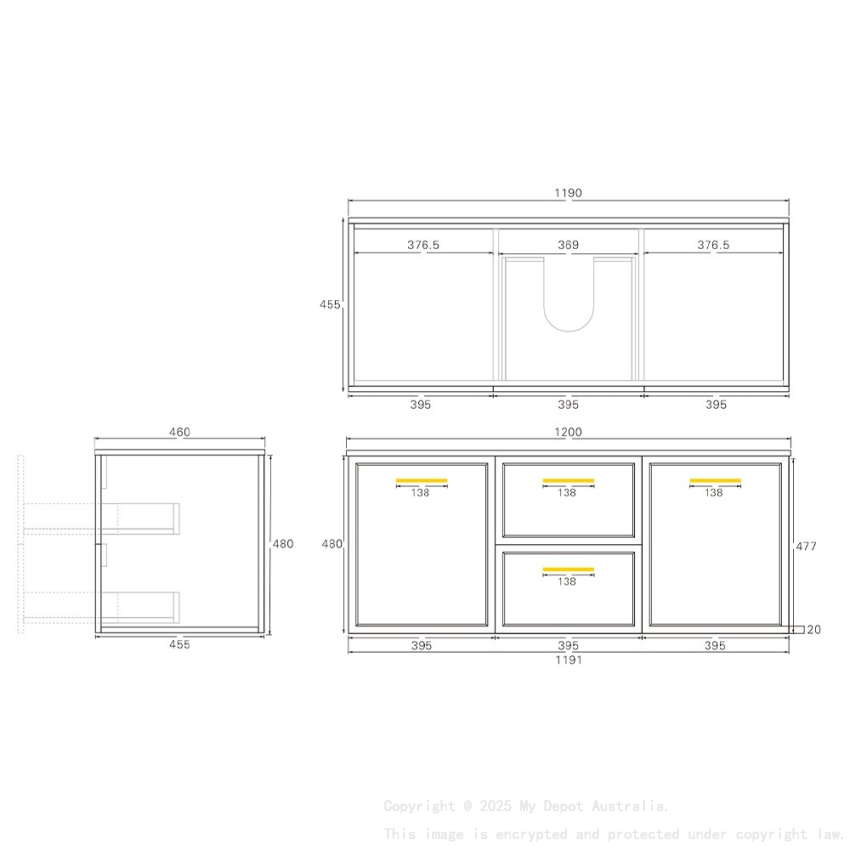 1190*455*470mm Kingsley Federation Matte White Wall Hung PVC Cabinet With Handle