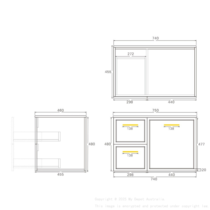 740*455*480mm Kingsley Federation Matte Black Wall Hung PVC Cabinet Left Hand Drawers