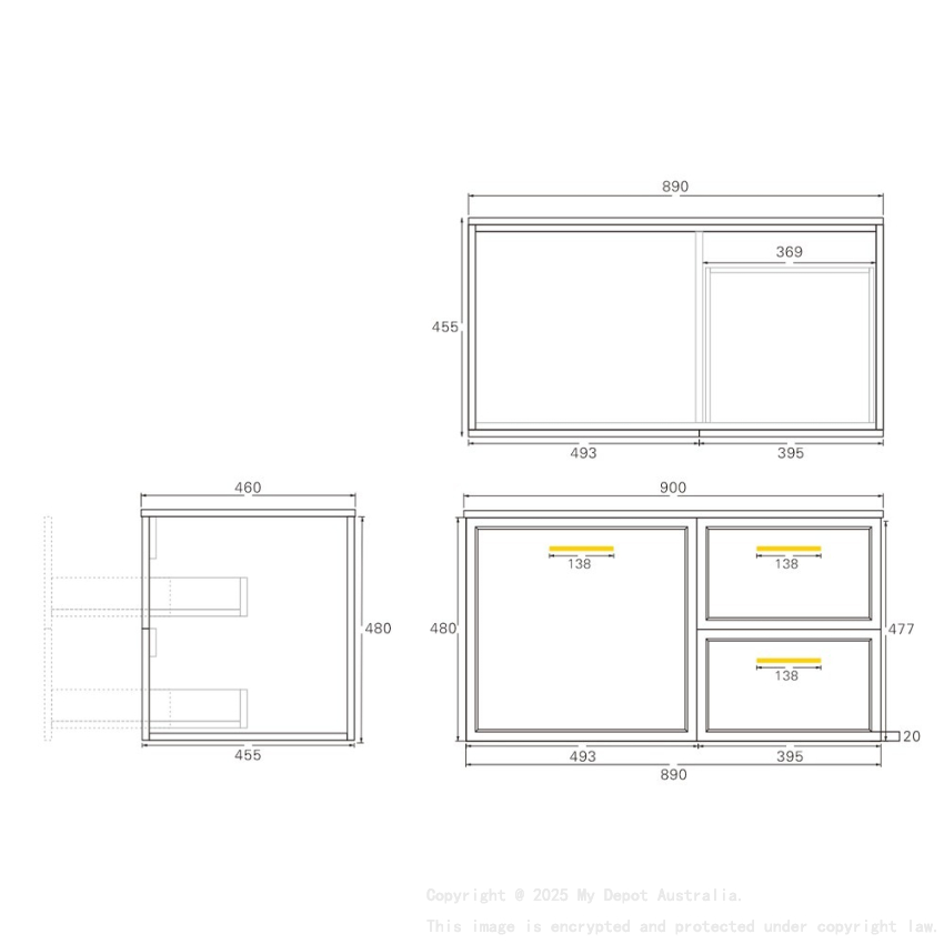 890*455*480mm Kingsley Federation Matte White Wall Hung PVC Cabinet Right Hand Drawers