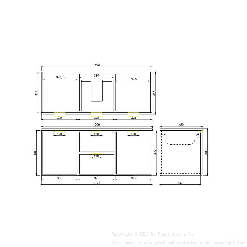 1190*455*560mm Matte Black Madura Federation Wall Hung PVC Cabinet Left Hand Drawers