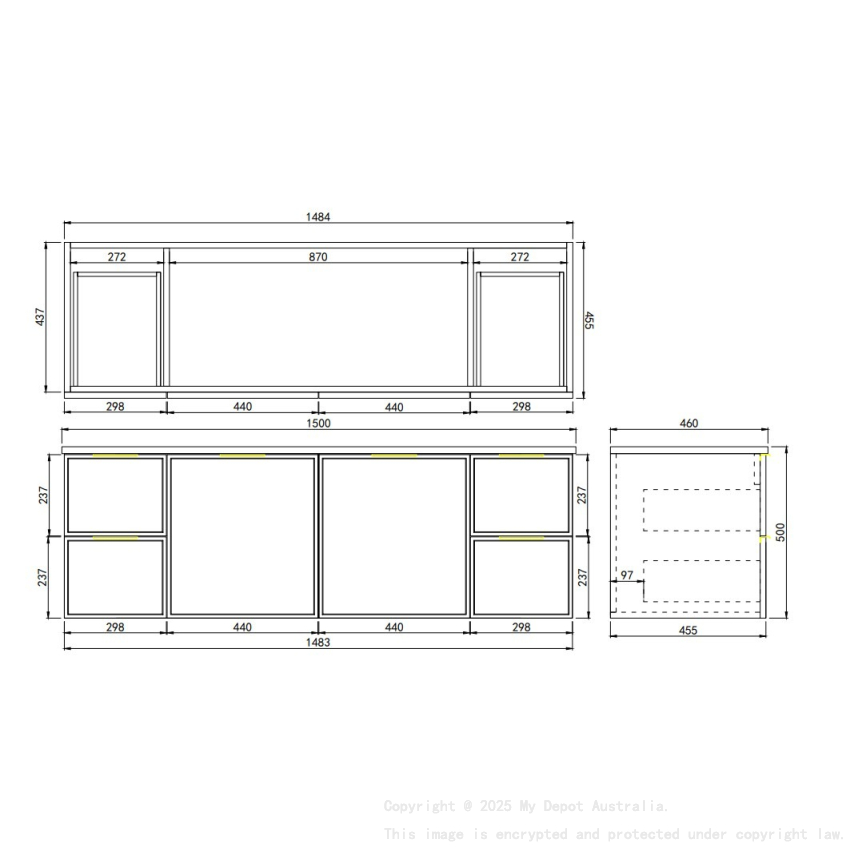 1490*455*560mm Matte Black Madura Federation Wall Hung PVC Cabinet