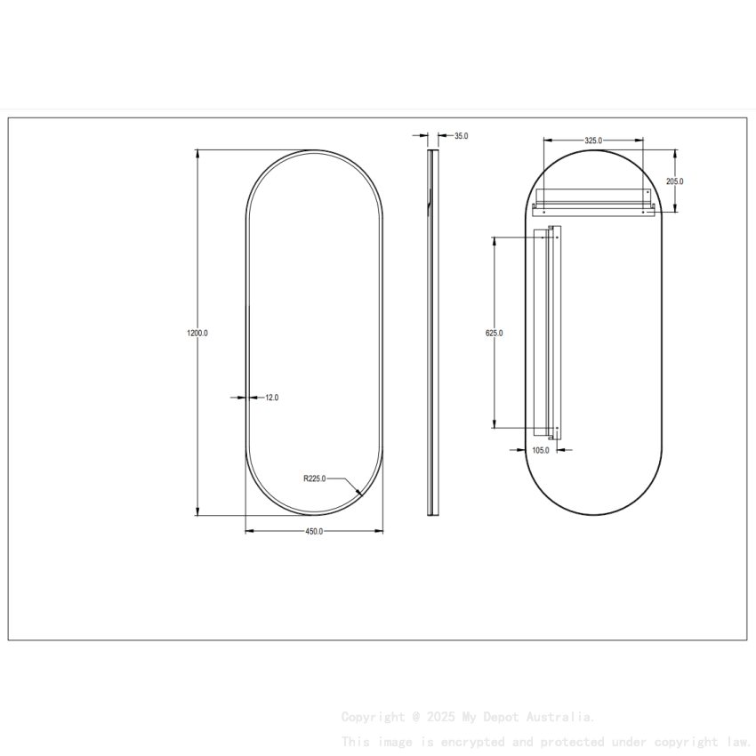450X1200X35mm Gun Metal Ellips Frame Mirror