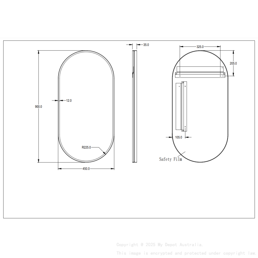 450X900X35mm Gun Metal Ellips Frame Mirror