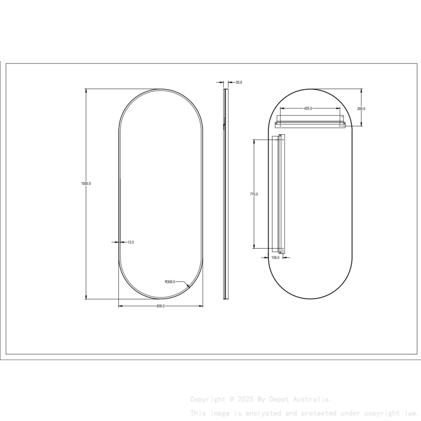 600X1500X35mm Brushed Gold Ellips Frame Mirror