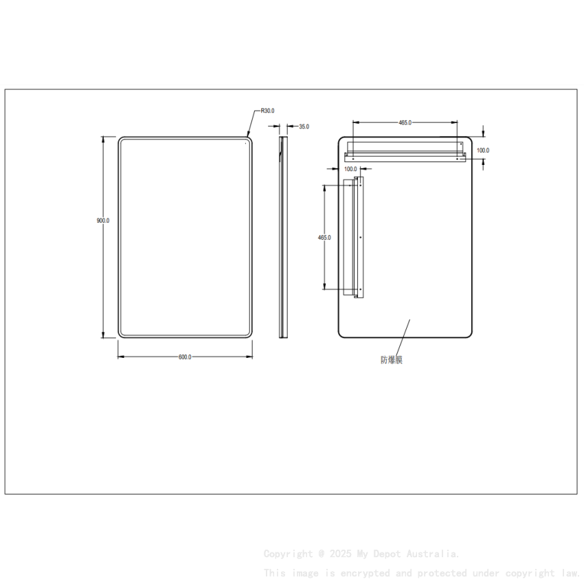 600X900X35mm Matt Black Recta Framed Mirror