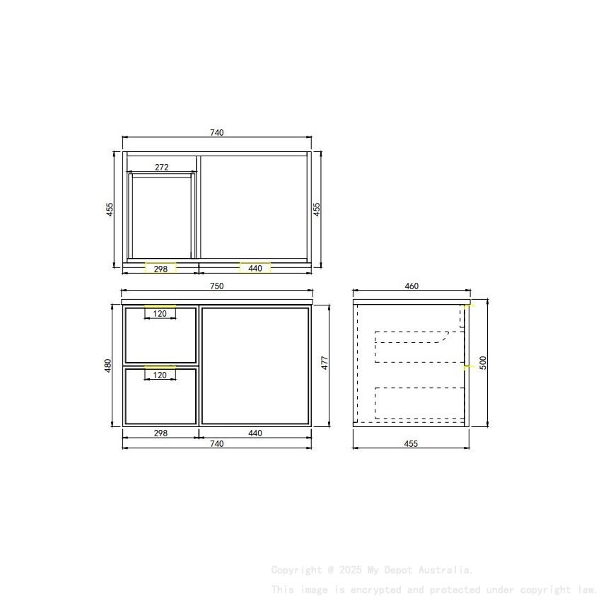 740*455*560mm Olive Green Madura Federation Wall Hung PVC Cabinet Left Hand Drawers
