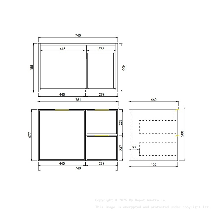 740*455*560mm Olive Green Madura Federation Wall Hung PVC Cabinet Right Hand Drawers