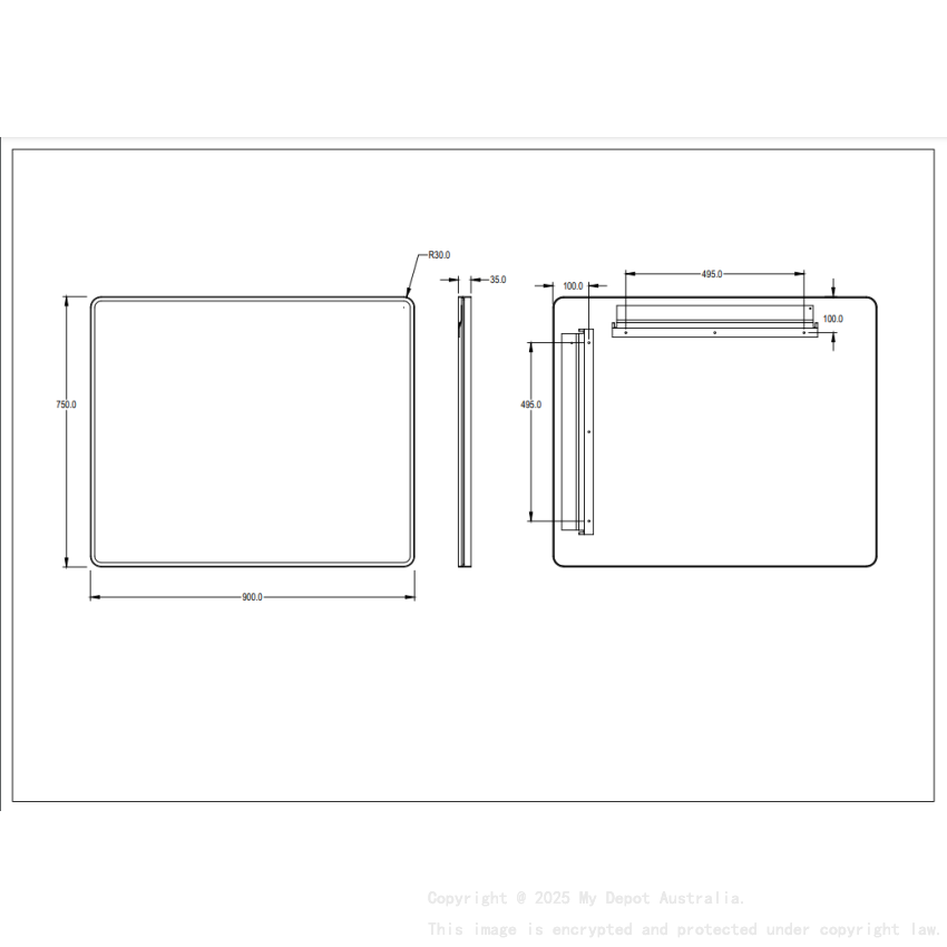 900X750X35mm Matt Black Recta Framed Mirror