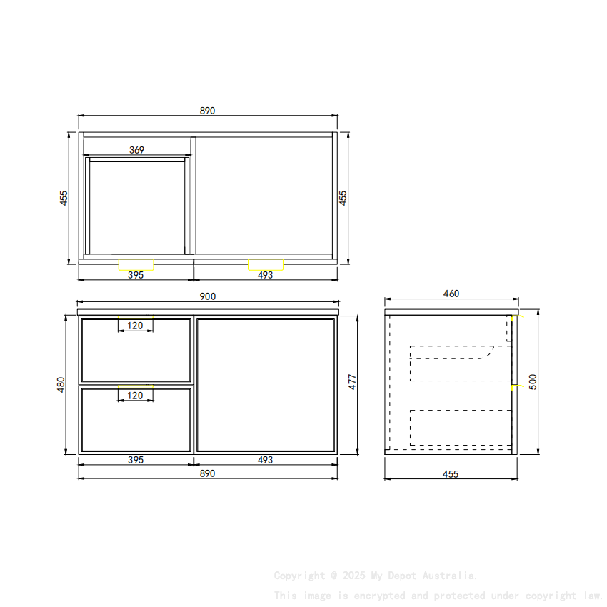 890*455*560mm Olive Green Madura Federation Wall Hung PVC Cabinet Left Hand Drawers