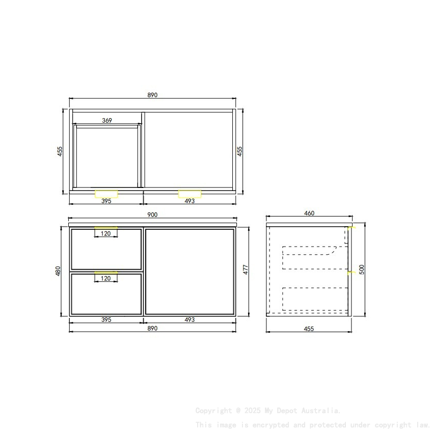 890*455*560mm Matte Black Madura Federation Wall Hung PVC Cabinet Left Hand Drawers