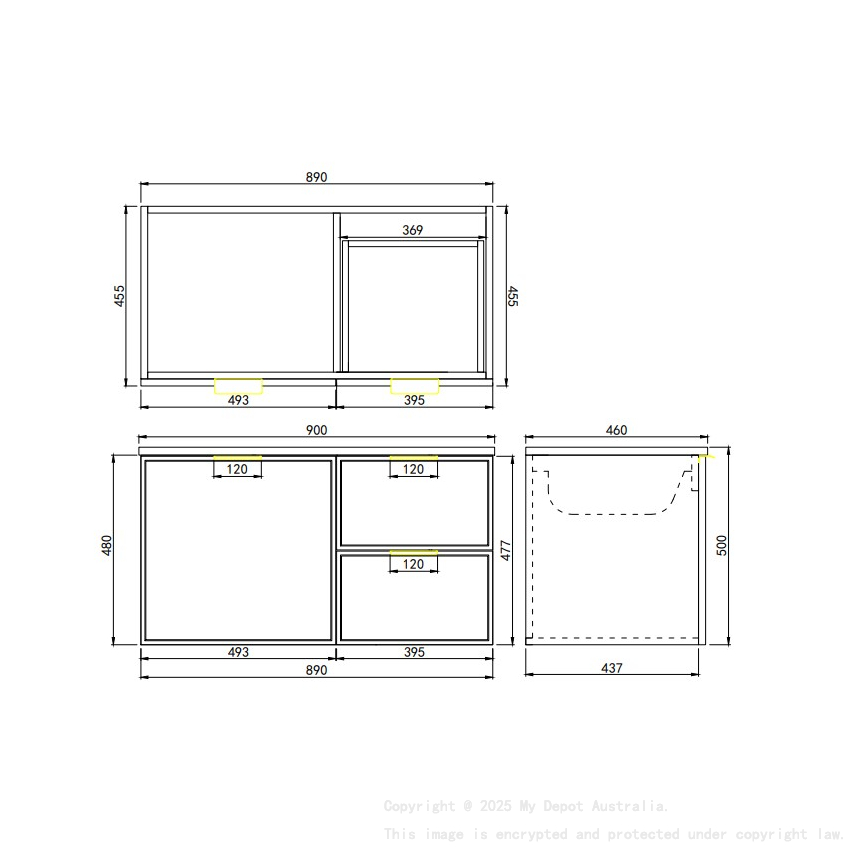 890*455*560mm Matte White Madura Federation Wall Hung PVC Cabinet Right Hand Drawers
