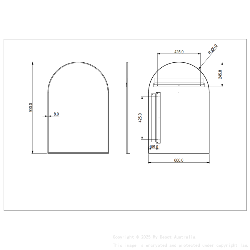 600X900X35mm Gun Metal Arco Frame Mirror