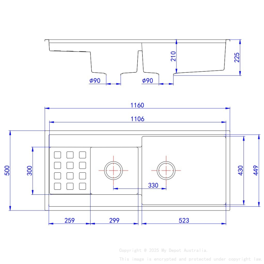 Size:1160*500*225mm Bowl Size:430*523*225mm+300*299*225mm Matte Black Gabrio Granite Sink With Work Station