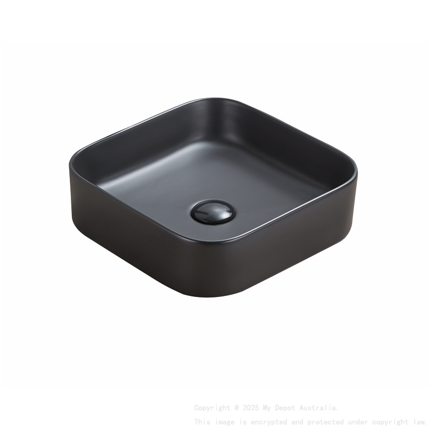370*370*113mm Matte Black Kliff Fine Ceramic Above Counter Basin No Overflow 32mm Waste