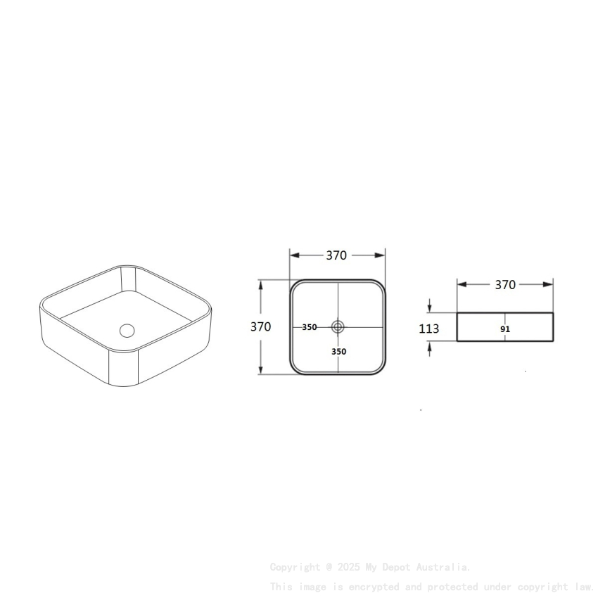 370*370*113mm Matte White Kliff Fine Ceramic Above Counter Basin No Overflow 32mm Waste