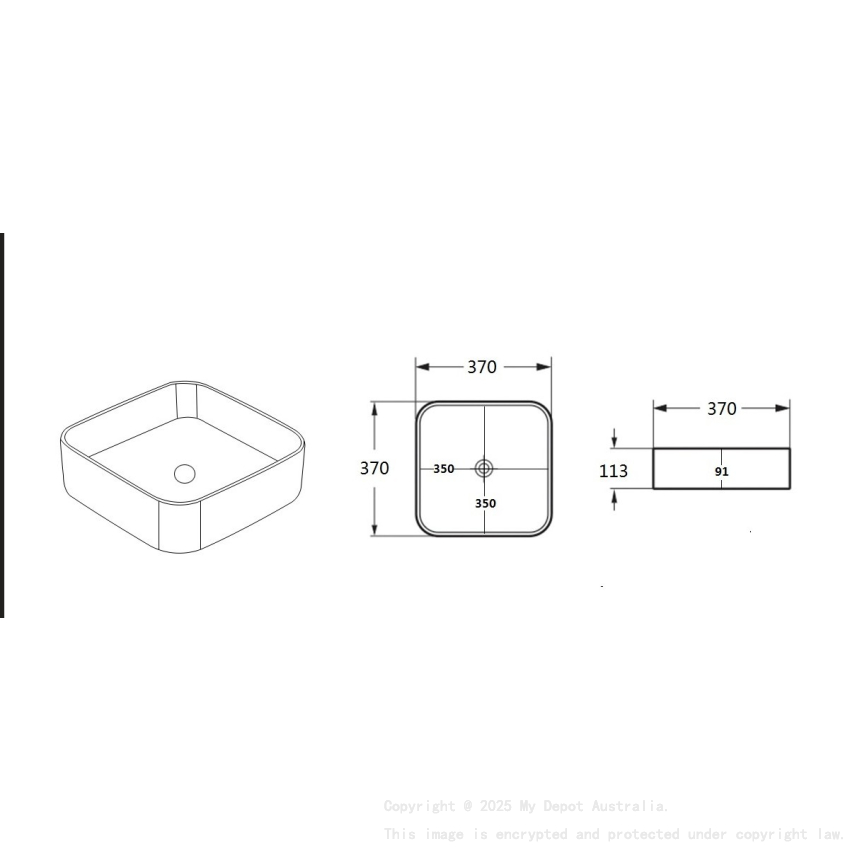 370*370*113mm Gloss White Kliff Fine Ceramic Above Counter Basin No Overflow 32mm Waste
