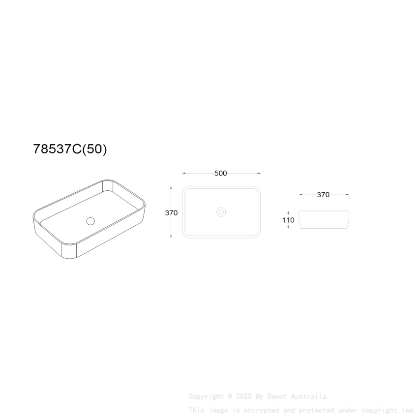500*370*110mm Matte White Kliff Fine Ceramic Above Counter Basin No Overflow 32mm Waste