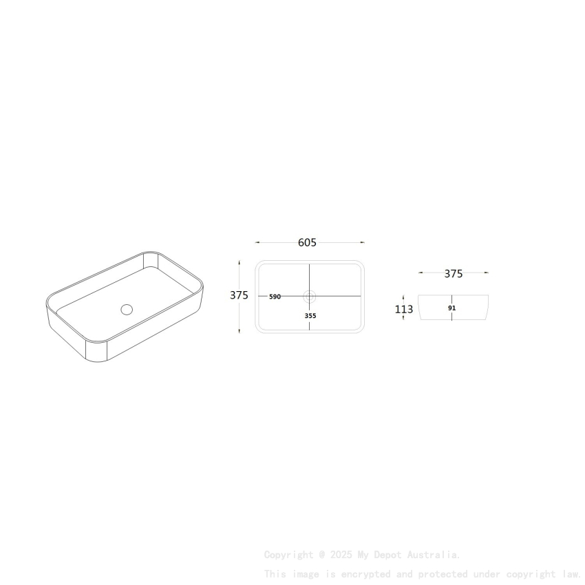 605*375*113mm Matte White Kliff Fine Ceramic Above Counter Basin No Overflow 32mm Waste