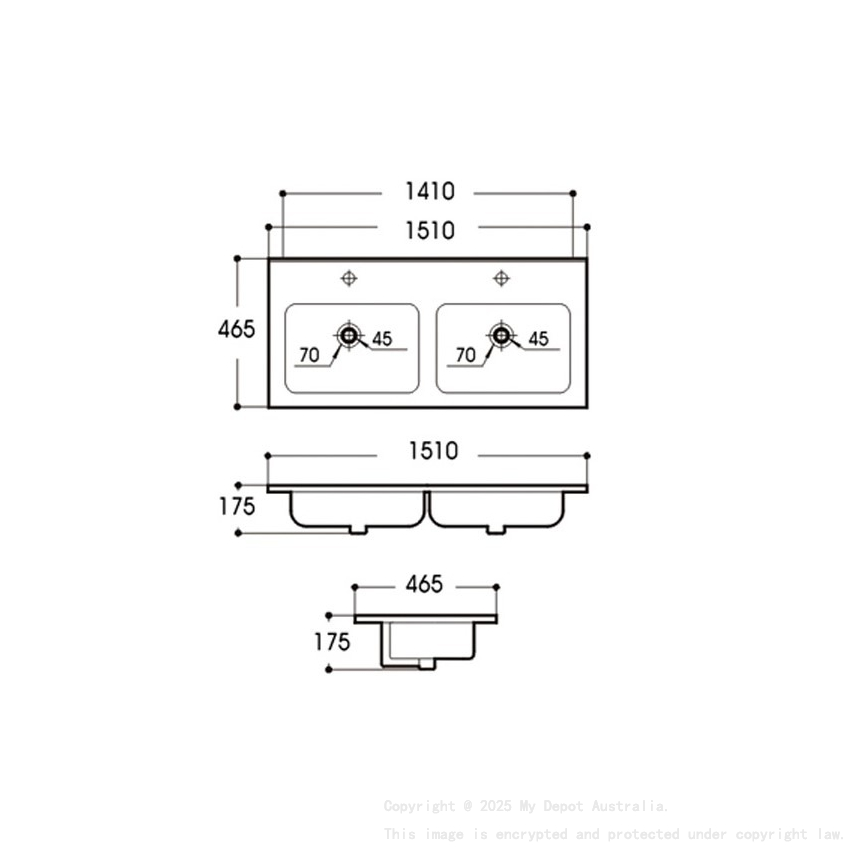 1510*460*175mm Gloss White Kliff Fine Ceramic counter Top Double Bowl