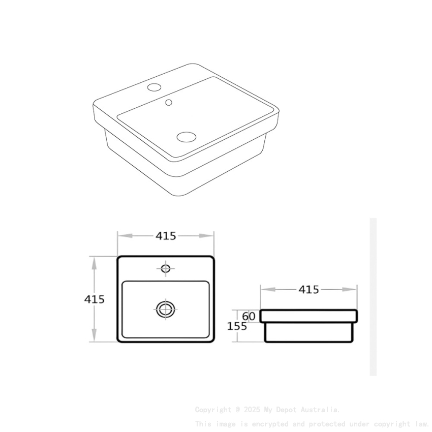 415*415*155mm Gloss White Kliff Fine Ceramic Insert Basin Tap Hole Overflow 32mm Waste