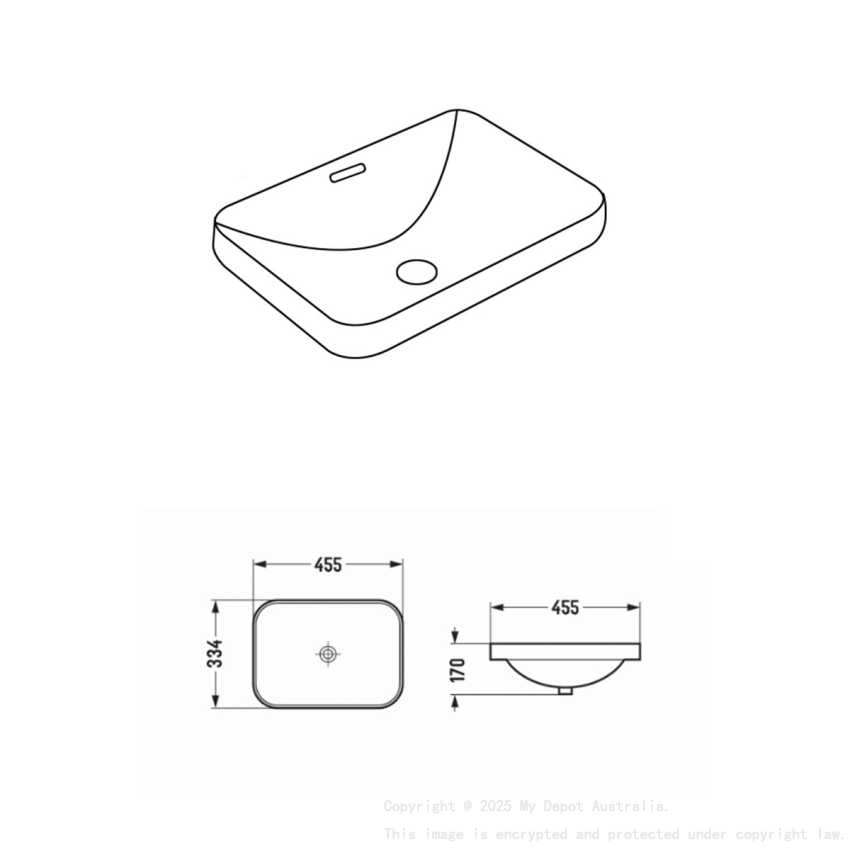 455*334*170mm Gloss White Kliff Fine Ceramic Insert Basin Overflow 32mm Waste
