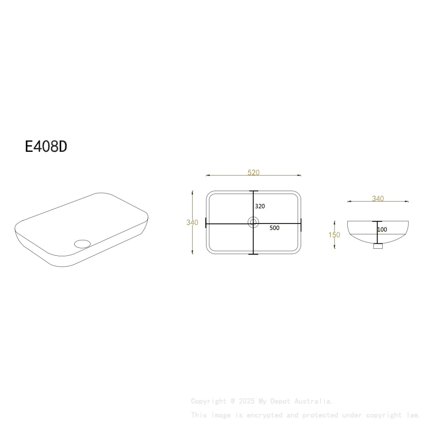 520*340*150mm Gloss White Kliff Fine Ceramic Insert Basin No Oerflow