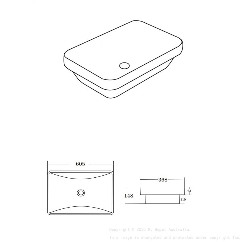 605*368*148mm Gloss White Kliff Fine Ceramic Insert Basin No Overflow 32mm Waste