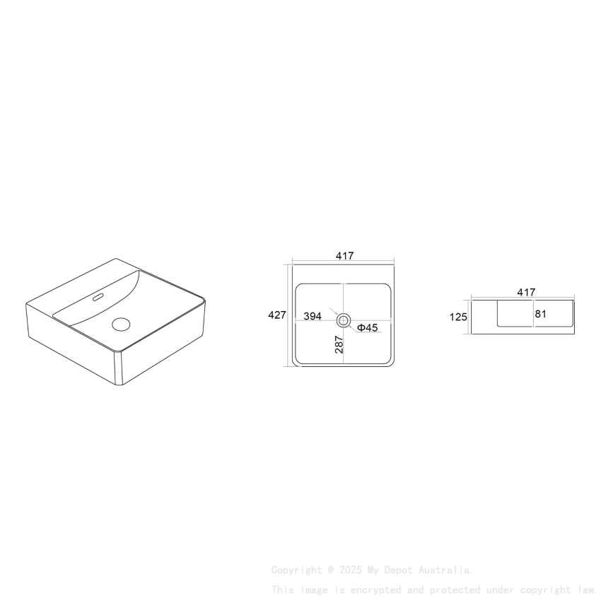 427*417*125mm Gloss White Kliff Fine Ceramic Wall Hung/Above Counter Basin Tap Hole With Overflow 32mm Waste No Tap Hole