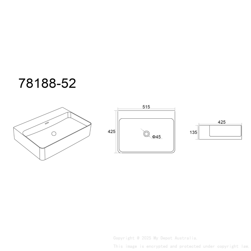 515*425*135mm Matt White Kliff Fine Ceramic Wall Hung/Above Counter Basin No Tap Hole With Overflow 32mm Waste No Tap Hole