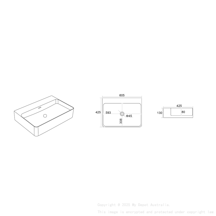 605*425*130mm Gloss White Kliff Fine Ceramic Wall Hung/Above Counter Basin Tap Hole With Overflow 32mm Waste No Tap Hole