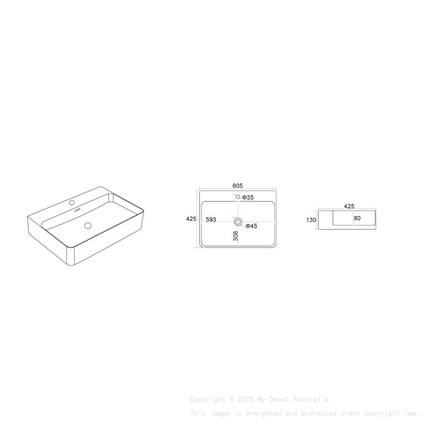 605*425*130mm Gloss White Kliff Fine Ceramic Wall Hung/Above Counter Basin Tap Hole With Overflow 32mm Waste