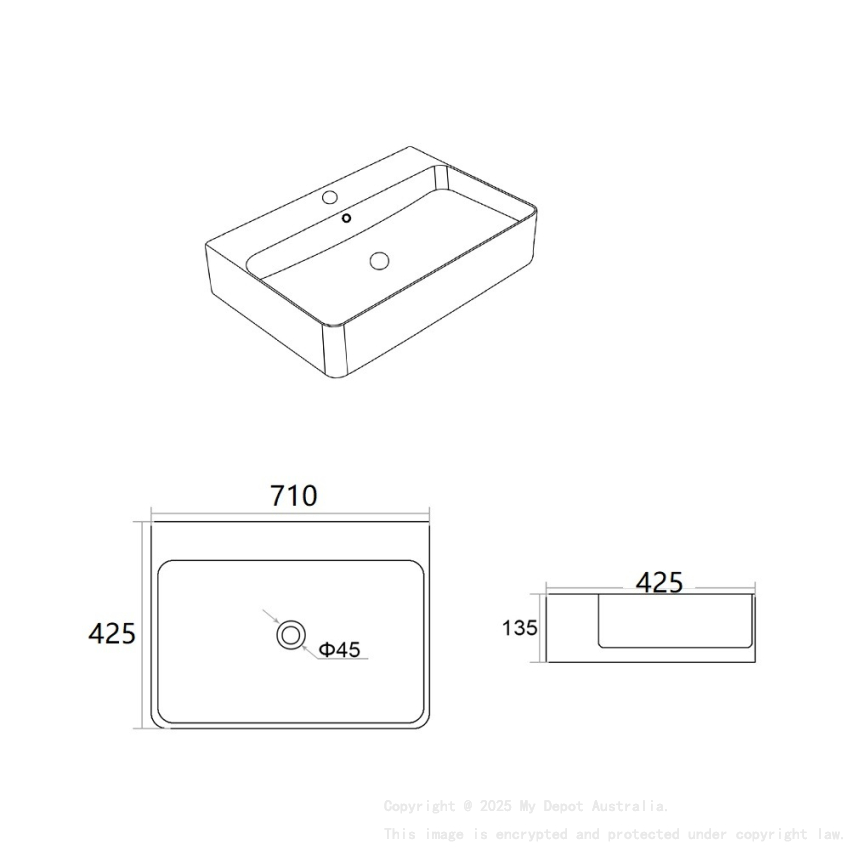 710*425*135mm Gloss White Kliff Fine Ceramic Wall Hung/Above Counter Basin Tap Hole With Overflow 32mm Waste