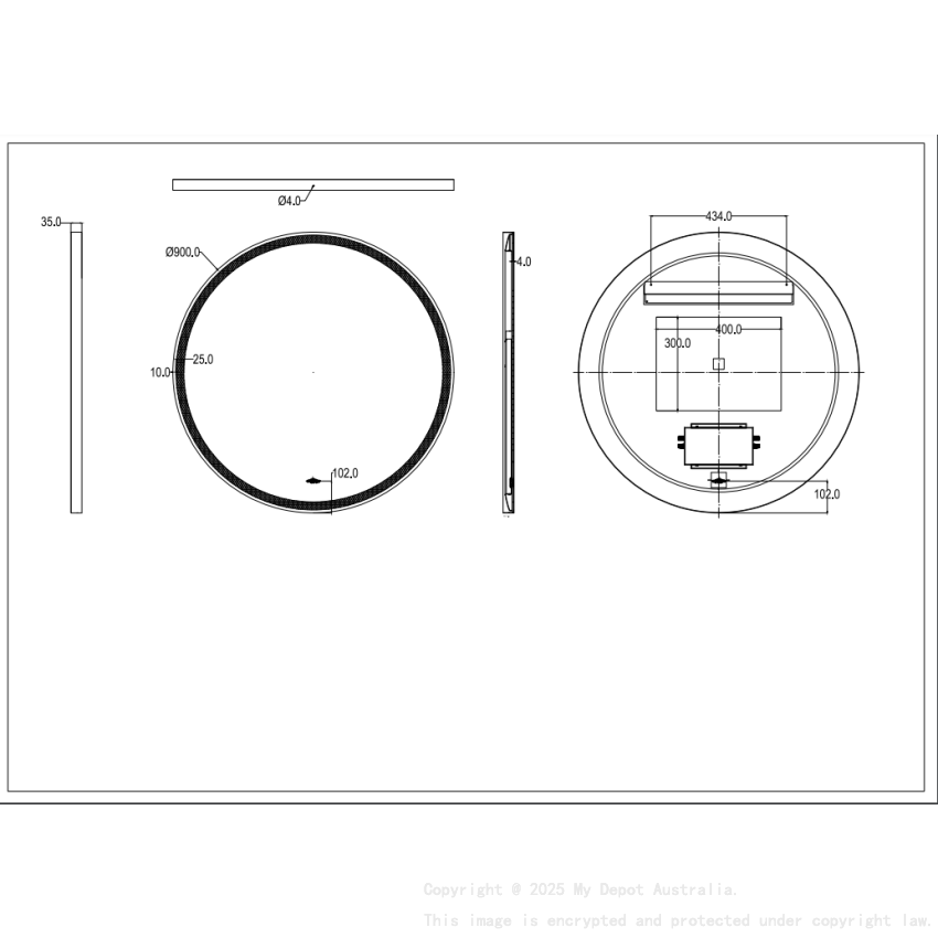 900X900X32mm Gun Metal Orbis Framed LED Mirror