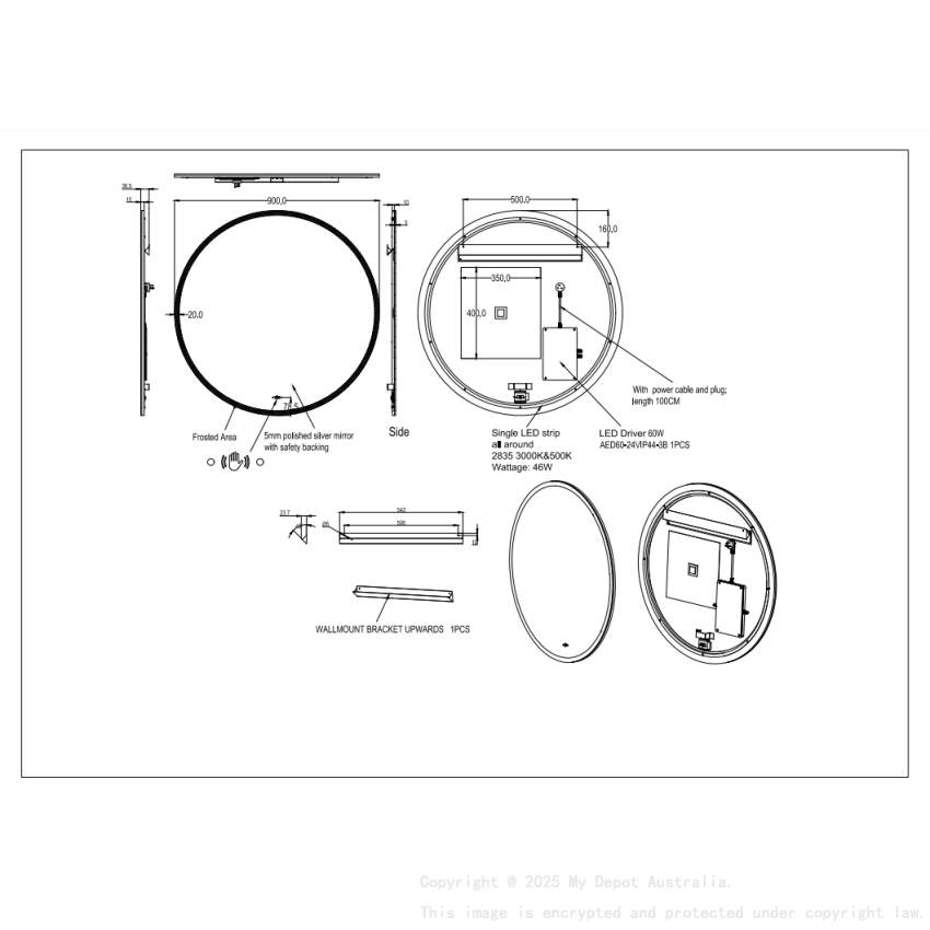 900*900mm Orbis LED Back Lit Mirror With Acrylic Strip