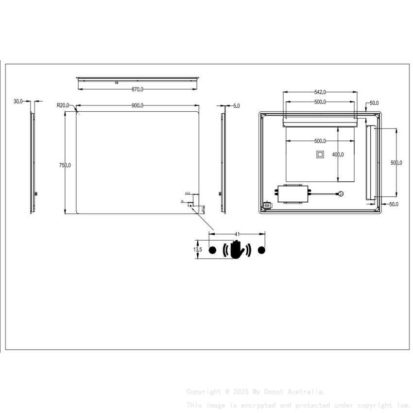 900*750mm Recta LED Back Lit Pencil Edge Mirror