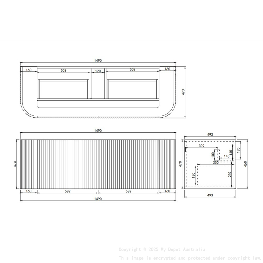 1490X455X470mm Matte White Agena Modern Fluted Wall Hung Vanity PVC Cabinet
