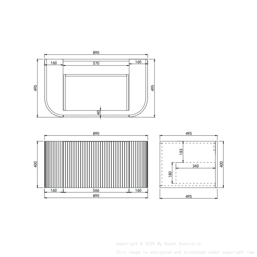 890X455X400mm Matte White Agena Modern Fluted Wall Hung Vanity PVC Cabinet