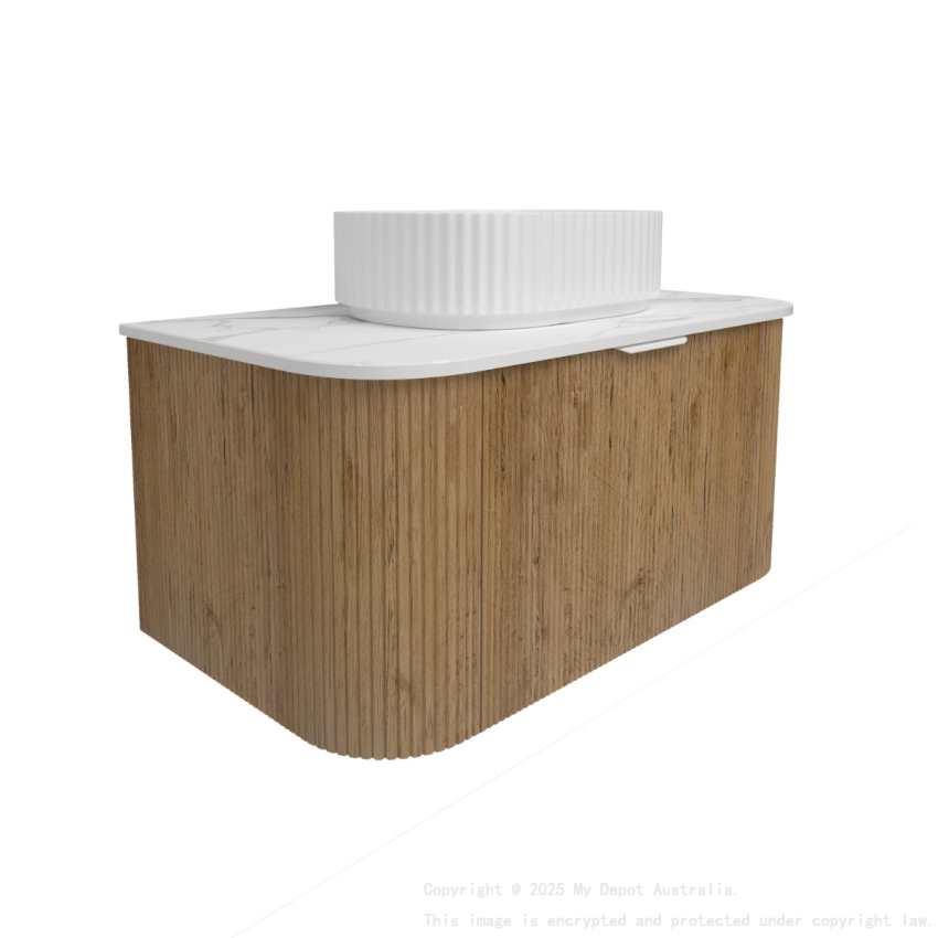 890*493*400mm Prime Oak Agena Fluted Wood Grain Wall Hung Vanities Soft Closing Drawer Pull Out With Handle