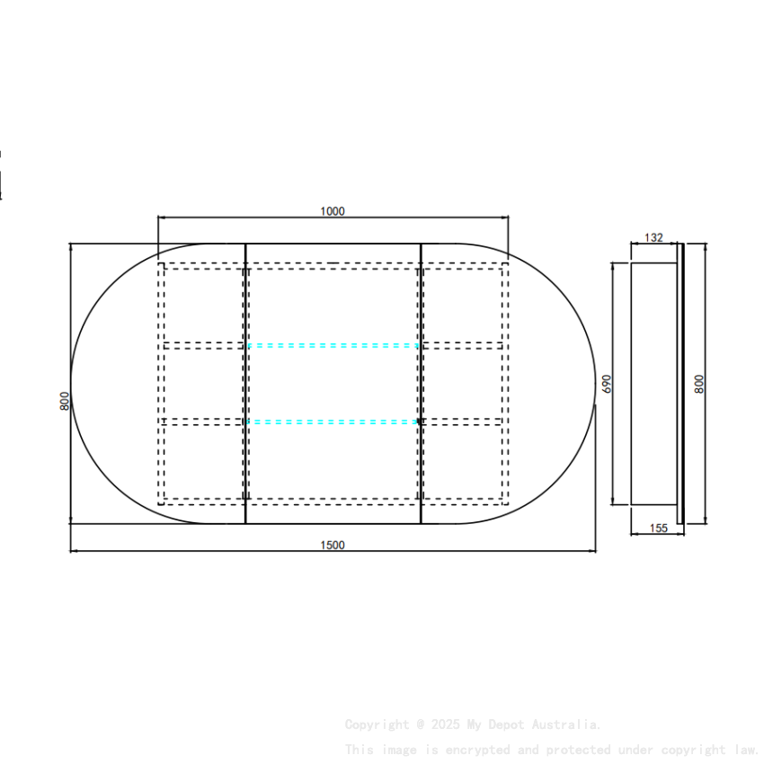 1500X800X150mm Matte Black Allison Pill Shaving Cabinet