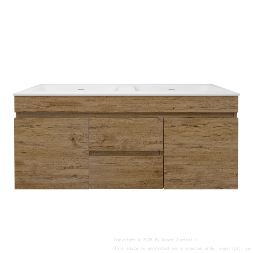 1190X455X500mm Camden Mordern Wall Hung Cabinet Prime Oak Soft Closing Finger Pull Doors Middle Drawers