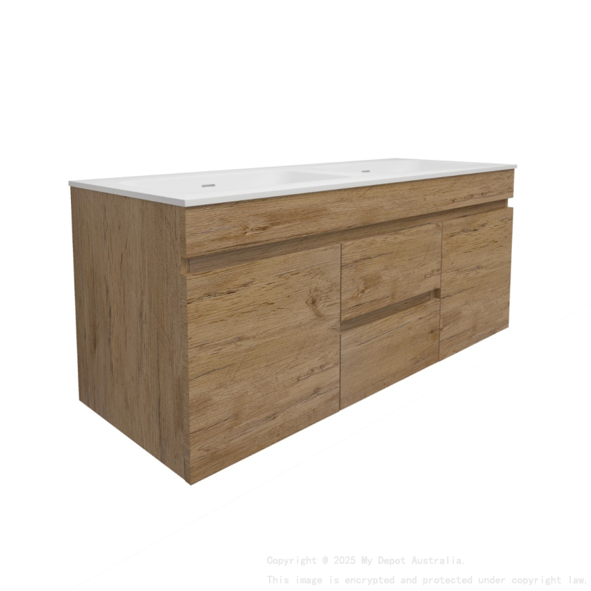 1190X455X500mm Camden Mordern Wall Hung Cabinet Prime Oak Soft Closing Finger Pull Doors Middle Drawers