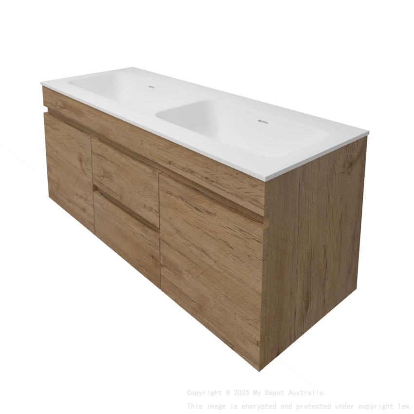 1190X455X500mm Camden Mordern Wall Hung Cabinet Prime Oak Soft Closing Finger Pull Doors Middle Drawers