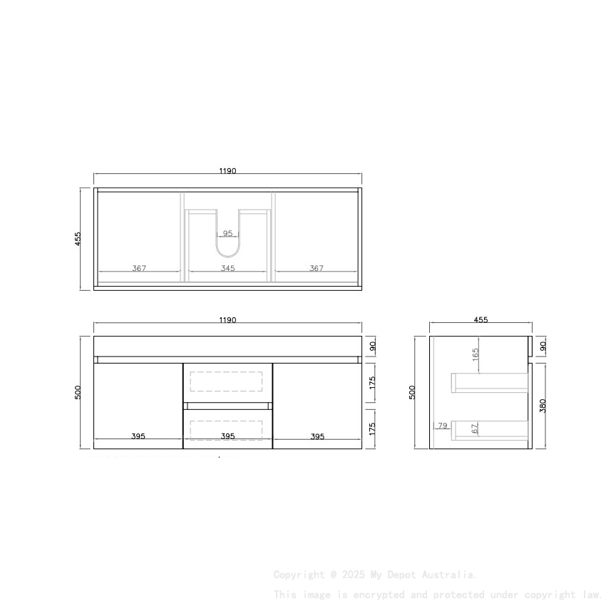 1190X455X500mm Camden Mordern Wall Hung Cabinet Prime Oak Soft Closing Finger Pull Doors Middle Drawers