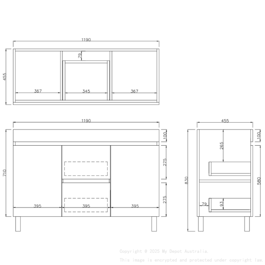 1190X455X710mm Camden Modern Free Standing Cabinet Prime Oak Soft Closing Finger Pull Doors Middle Drawers