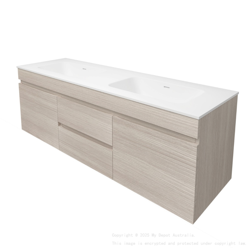 1490X455X500mm Camden Mordern Wall Hung Cabinet Coastal Oak Soft Closing Finger Pull Doors Middle Drawers