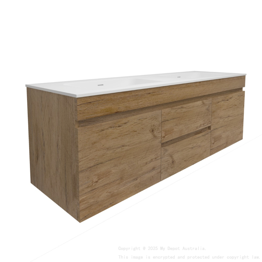 1490X455X500mm Camden Mordern Wall Hung Cabinet Prime Oak Soft Closing Finger Pull Doors Middle Drawers
